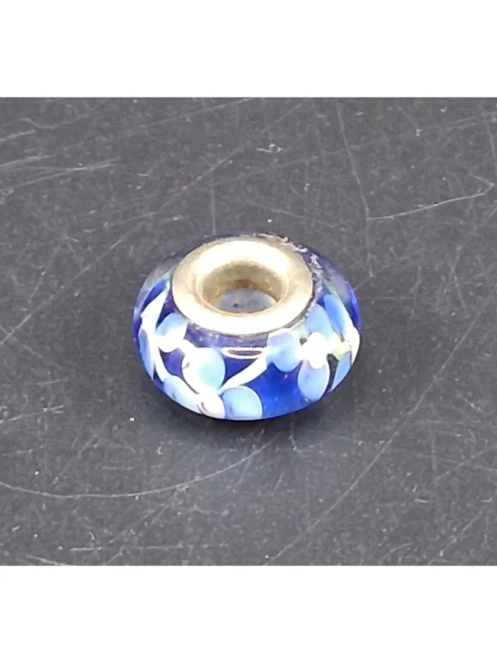 Glass Charm Bead With Blue Floral Design & Metal Core
